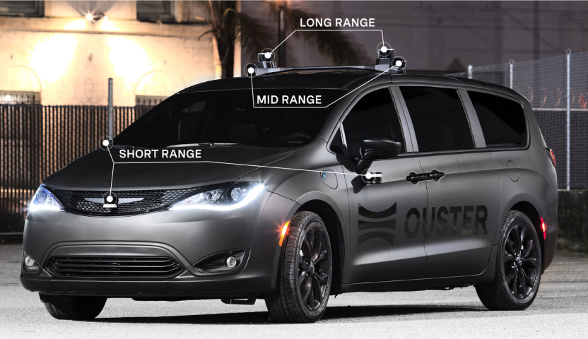 An Ouster vehicle with lidar sensors mounted on it