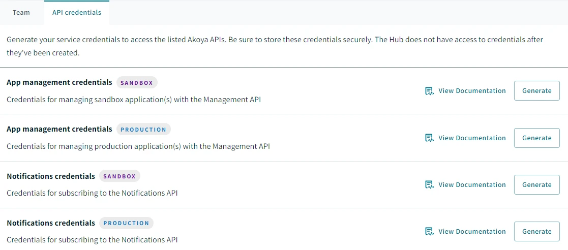 You can generate credentials for our service APIs from the API credentials tab.