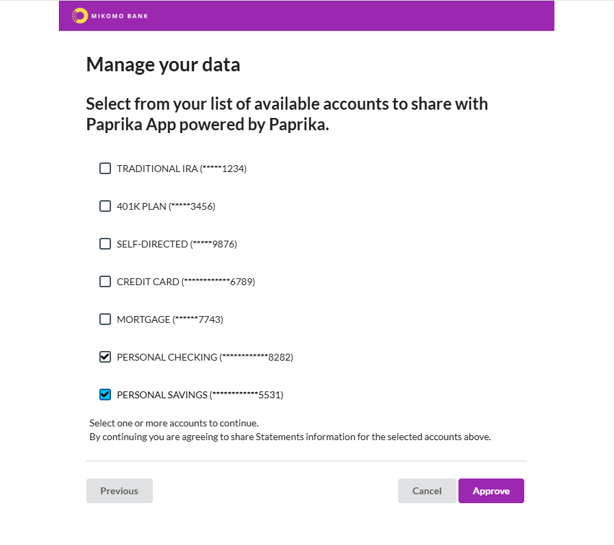 Screen displays the authorization screen for users to manage their data. A user can select from a list of available accounts to share.