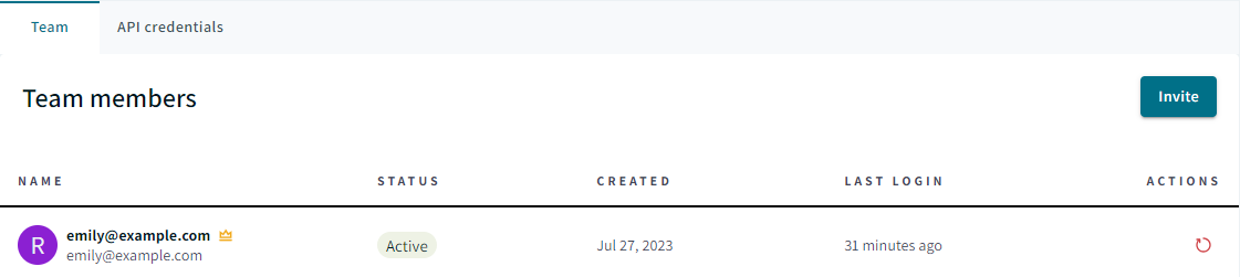 Invite a new user by clicking the "Invite" button from the "Team" tab.