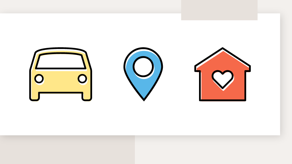 Illustration of a yellow car, a blue pin and a red house.