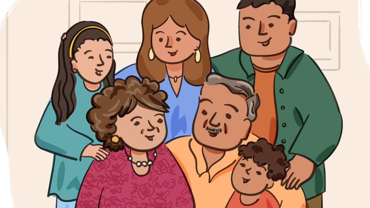Cartoon of a family of different ages looking at each other and smiling. They look like they are posing for a photo. 