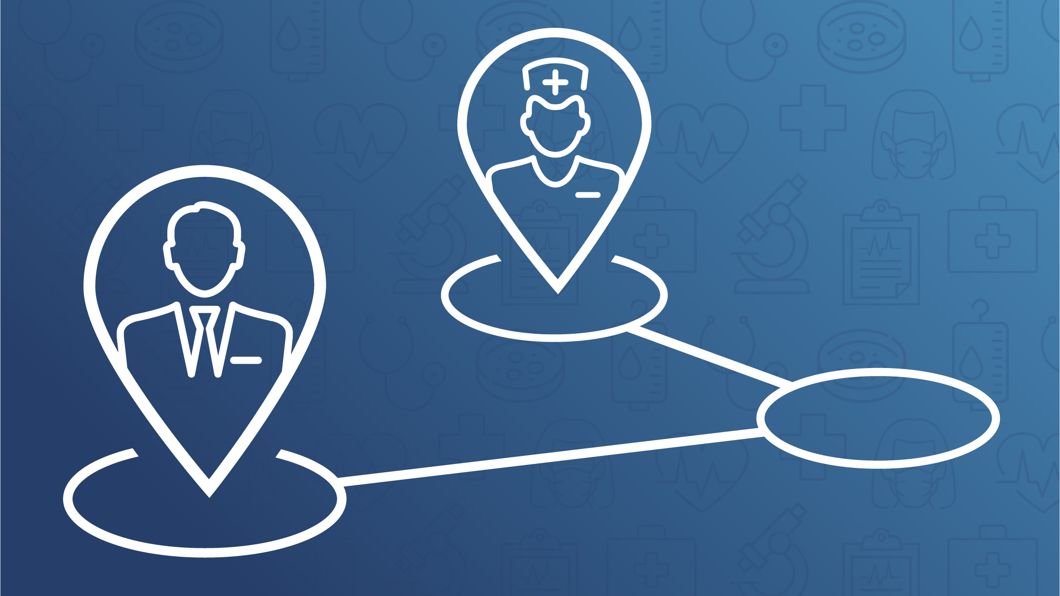 Illustration of two medical professionals surrounded by two pins on a map
