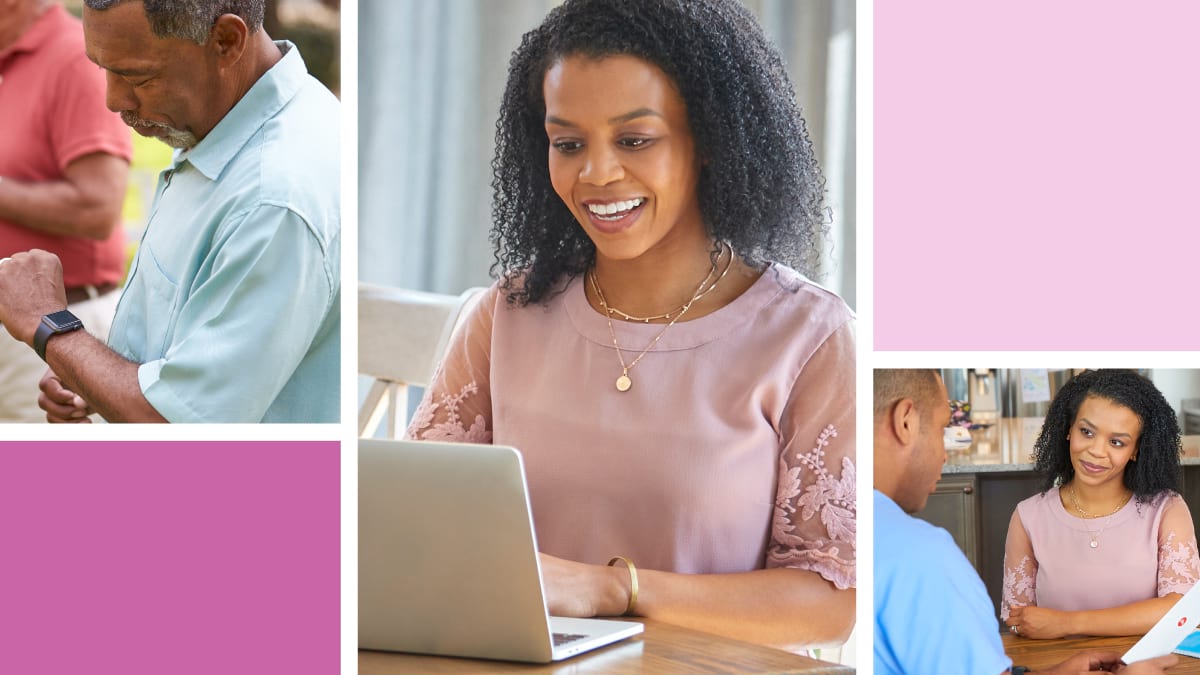 Three photographs in one image. Photo one is a person looking a their watch, photo two is a person sitting at a laptop and photo three is of a person sitting down with healthcare professional.  