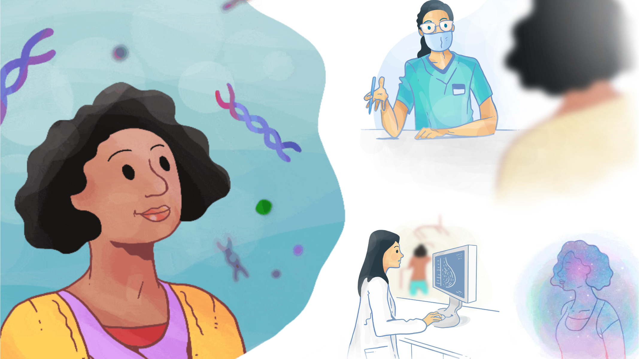 Cartoon of a person looking up at DNA floating in the air. There are two smaller cartoons with healthcare professionals in the image.  