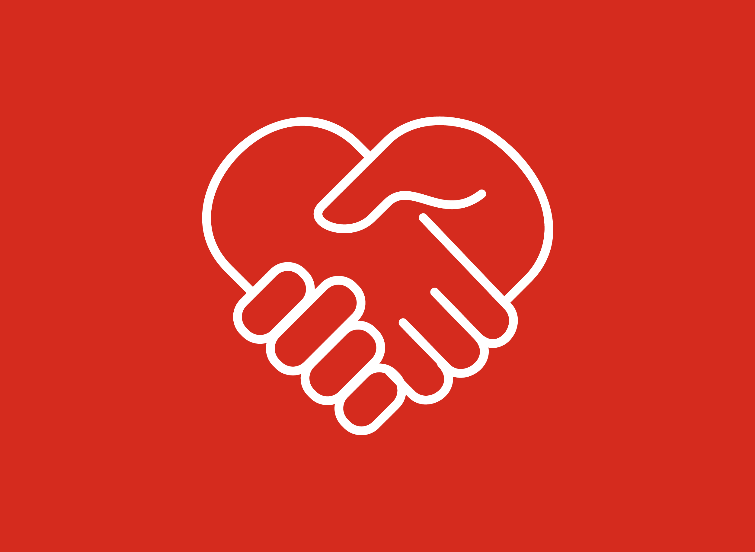 Red icon of a handshake. It is shaped like a heart. 