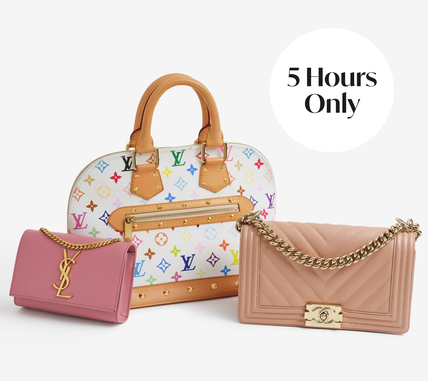 Louis Vuitton monogram Favorite, Chanel light pink wallet on chain, cream color Gucci Marmont shoulder bag