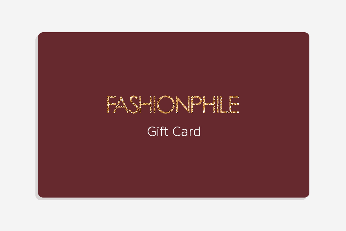 a design of a gift card with "FASHIONPHILE Gift Card" in gold and white tex 