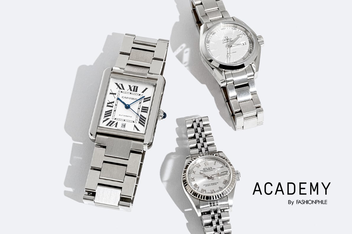 one Cartier tank watch next to 2 white gold Rolex watches with "ACADEMY BY FASHIONPHILE" in black text