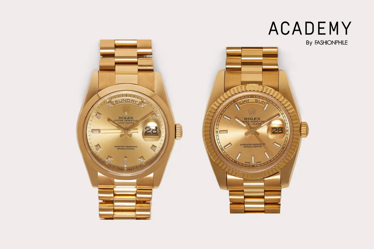 two ROLEX 18K Yellow Gold Datejust President Watch Champagne next to each other with "ACADEMY BY FASHIONPHILE" in black text
