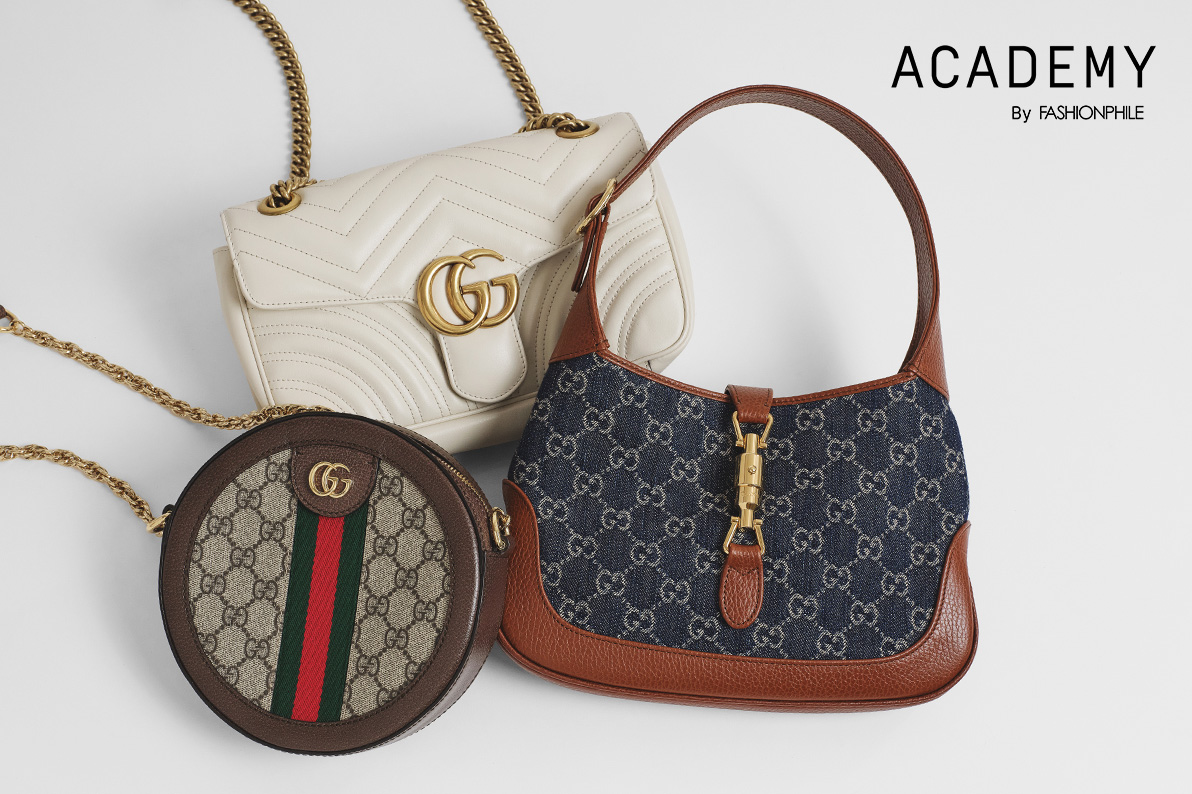 one white Gucci Marmont, one GUCCI GG Supreme Monogram Web Mini Ophidia Round Shoulder Bag and one Gucci Denim Jackie bag with "ACADEMY BY FASHIONPHILE" in white text