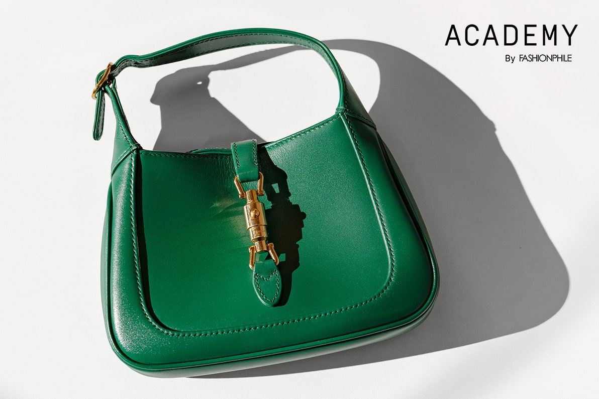 one GUCCI Boarded Dyana Lux Calfskin Mini Jackie 1961 Hobo Emerald with "ACADEMY BY FASHIONPHILE" in black text