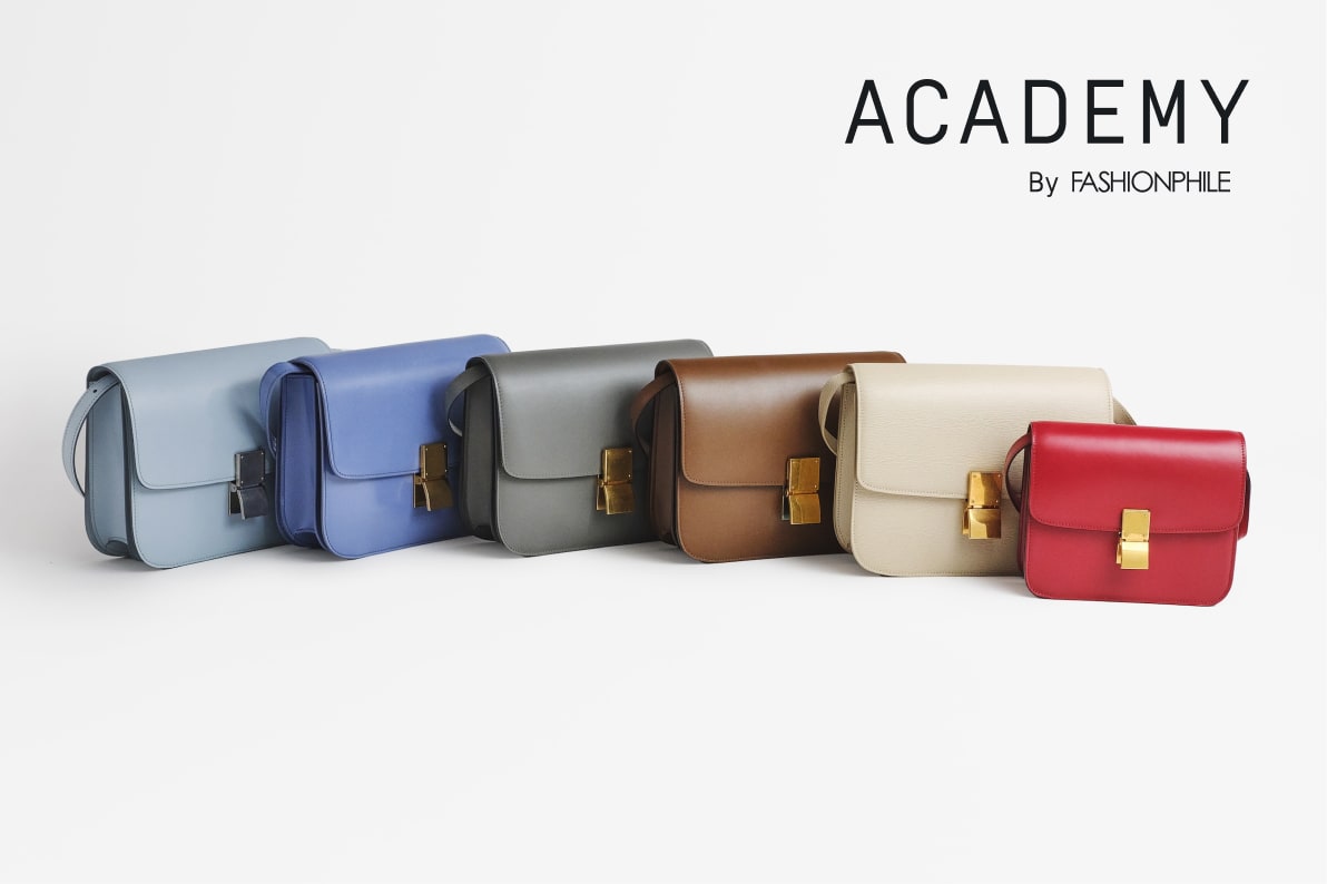 Six Celine Box bags in blue, grey, brown, white, and red displayed in a row with "ACADEMY By FASHIONPHILE" in black text