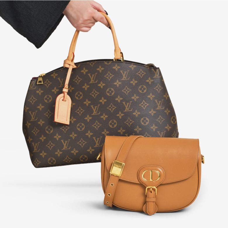 a woman's arm holding a Louis Vuitton monogram tote bag behind a Christian Dior tan Caro crossbody bag