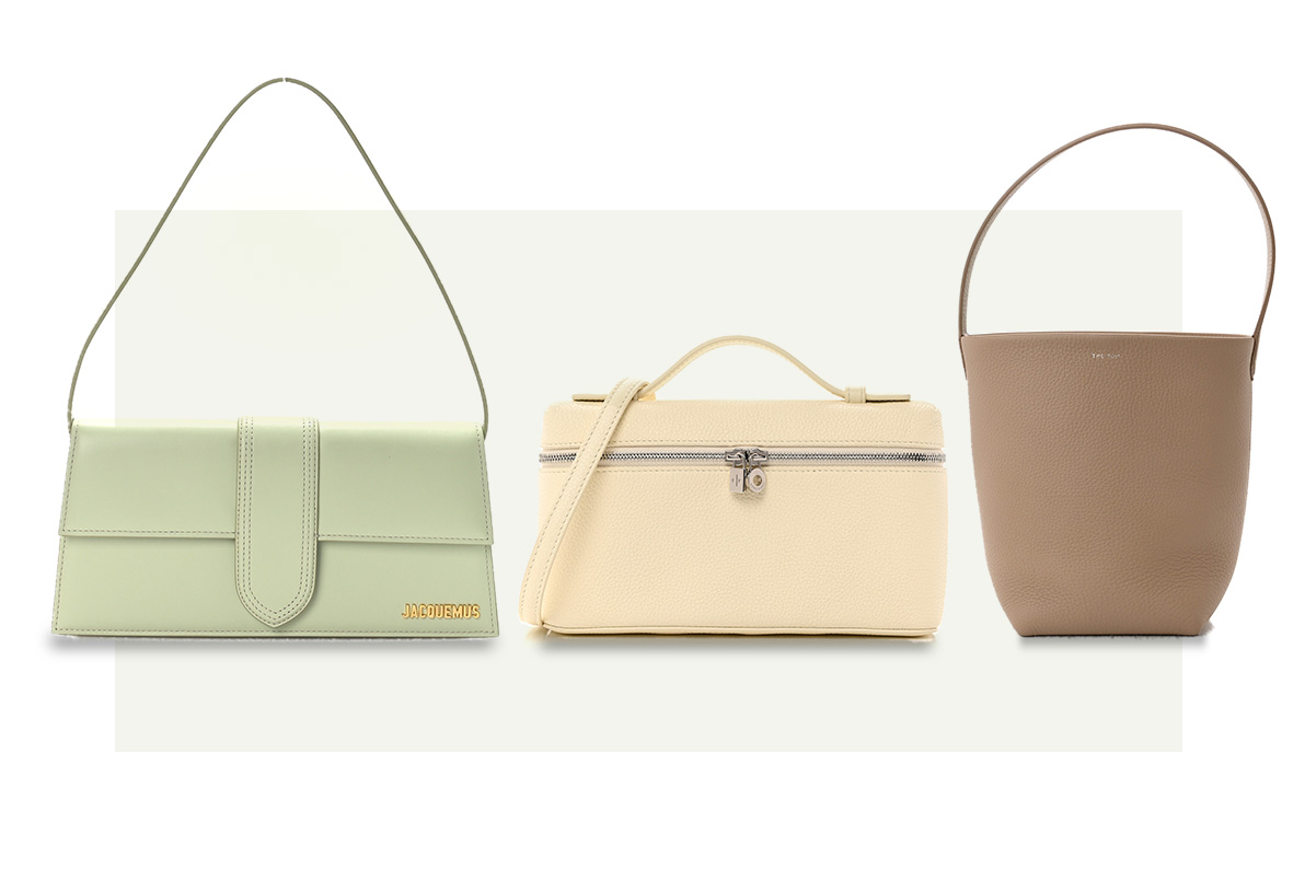 one JACQUEMUS Smooth Calfskin Le Bambino Long Mint Green sitting next to one LORO PIANA Grained Calfskin L19 Extra Pocket Pouch Whisper White and one THE ROW Grained Calfskin Small N/S Park Tote Dark Taupe