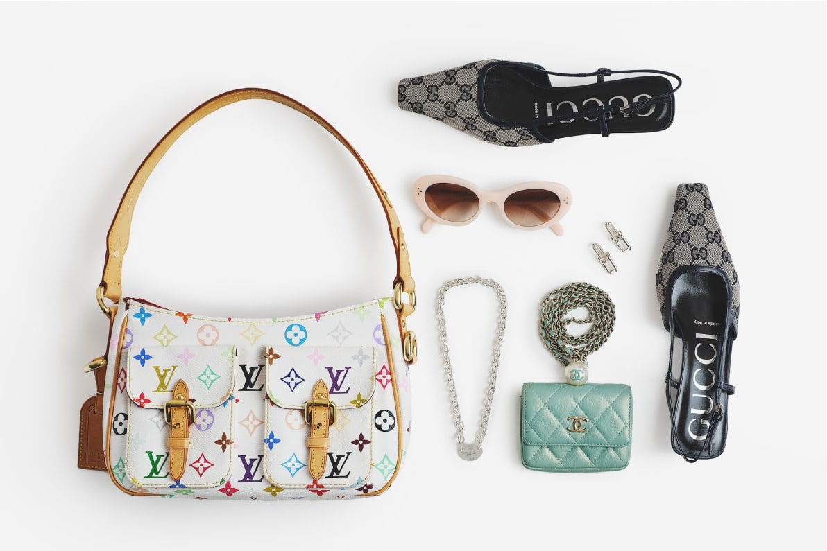 one LOUIS VUITTON Multicolor Lodge lying next to one TIFFANY Return to Tiffany Oval Tag Choker Necklace, one Chanel Iridescent Coin Purse With Chain, Tiffany HardWear Link Earrings, blue Gucci Monogram Slingback Pumps, and Celine Cat Eye Sunglasses