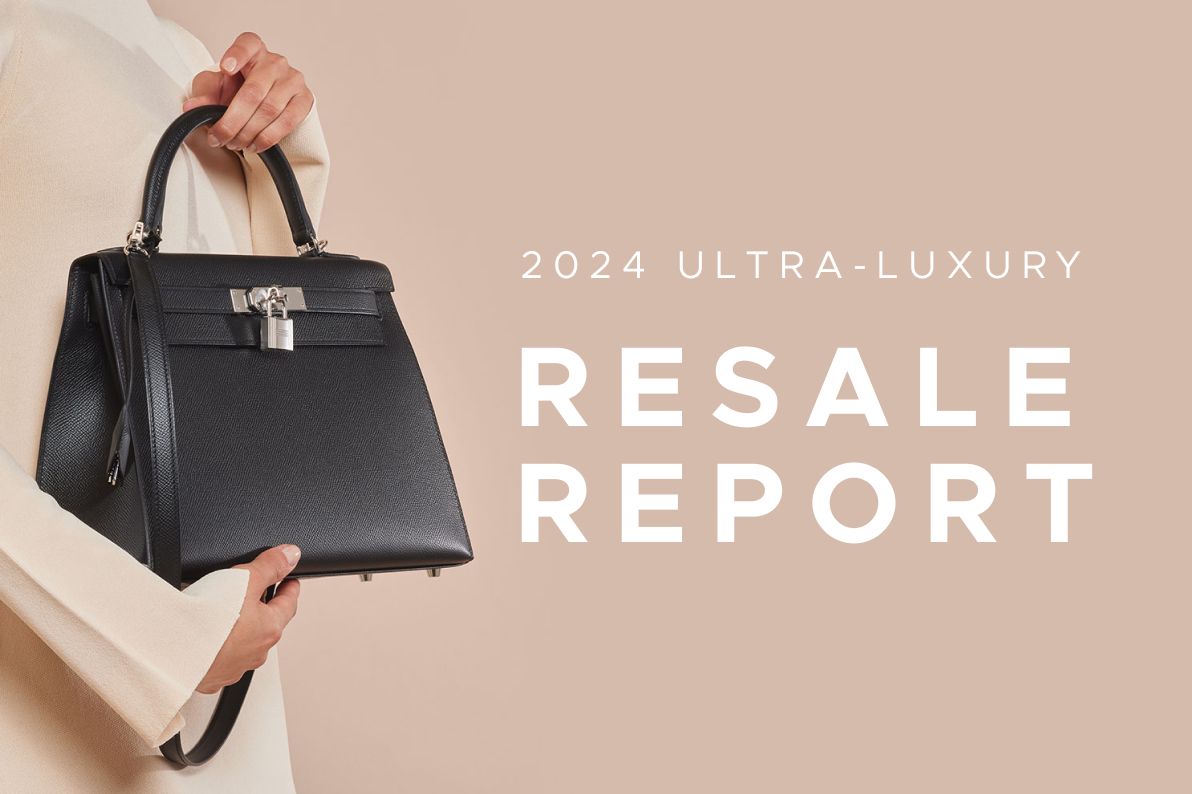 a woman in a beige long sleeve dress holding a black Hermes Kelly with "2024 ULTRA-LUXURY RESALE REPORT" in white text