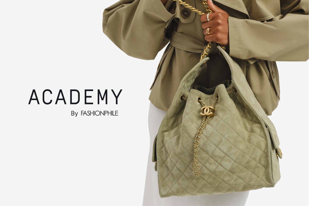 a woman wearing a white dress with a tan cropped trench coat and holding a green suede Chanel 25 bag