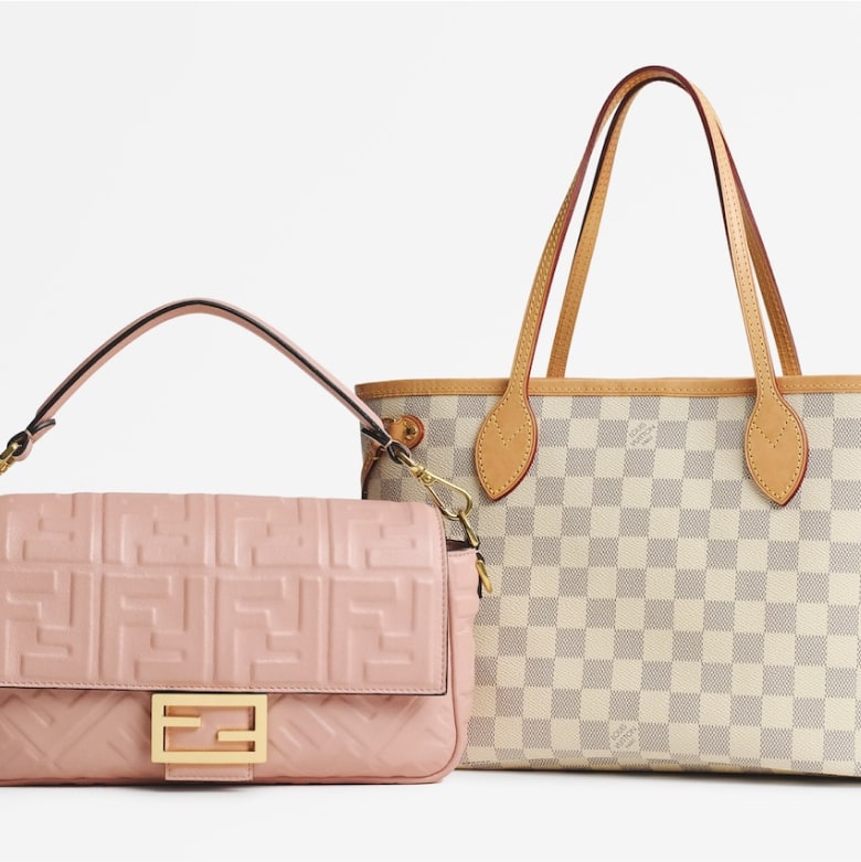 one pink Fendi Baguette next to one Louis Vuitton Damier Azur Neverfull PM