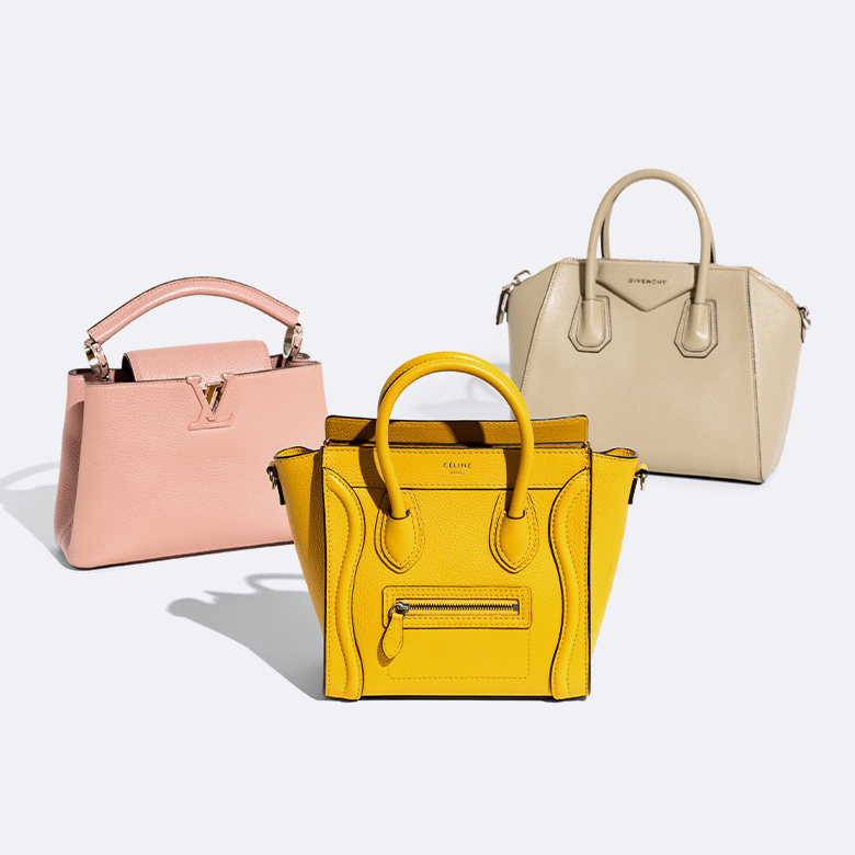 one light pink Louis Vuitton Capucines top handle bag, one Celine yellow Luggage top handle bag, and one Givenchy beige Antigona top handle bag