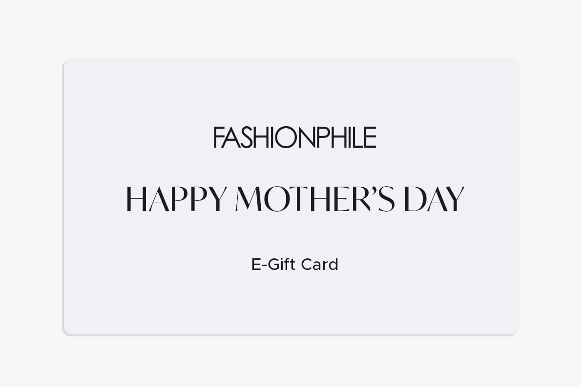a design of a gift card with "Happy Mother's Day" in pink tex and FASHIONPHILE logo in black text