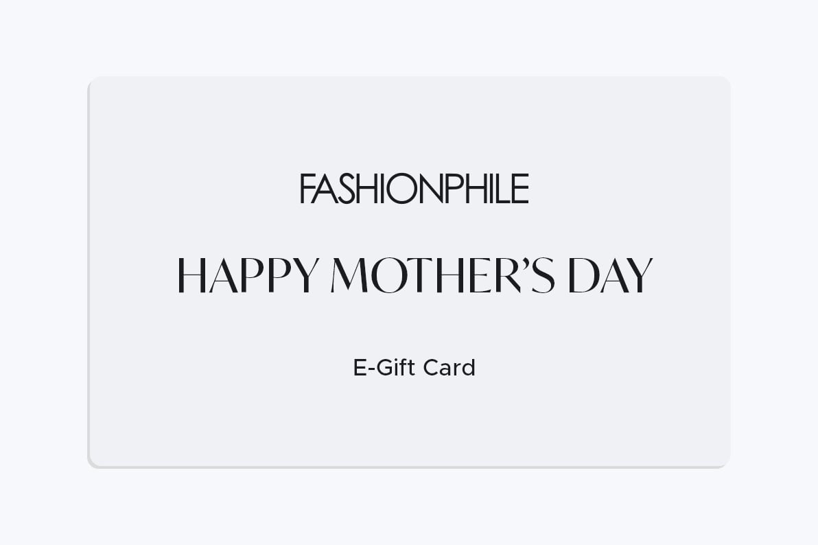 a design of a gift card with "Happy Mother's Day" in pink tex and FASHIONPHILE logo in black text