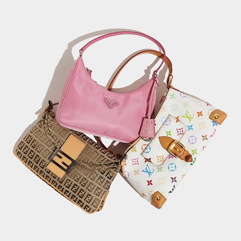 one pink nylon Prada mini re-edition bag, one white multicolor Monogram Louis Vuitton shoulder bag, and one beige Fendi monogram baguette