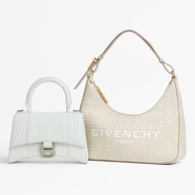 one white Balenciaga crocodile embossed Hourglass bag sitting next to one cream GIVENCHY Coated Canvas Logo 4G Embossed Small Moon Cut Out Shoulder Bag 