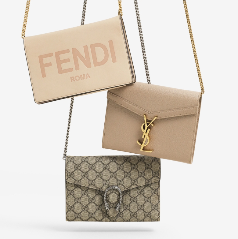 one Fendi beige wallet on chain bag, one Saint Laurent beige Cassandra wallet on chain bag and one Gucci monogram Dionysus wallet on chain bag