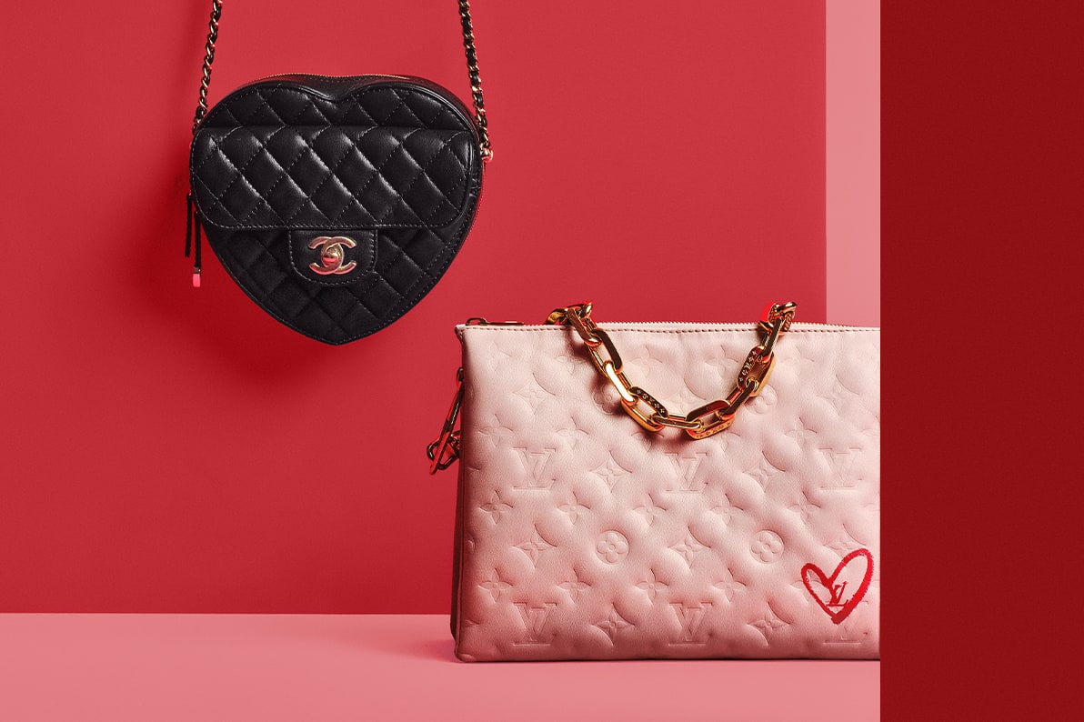 one Chanel Lambskin Quilted CC In Love Heart Bag Black and one Louis Vuitton Lambskin Embossed Monogram Fall In Love Coussin PM Dragée Light Pink