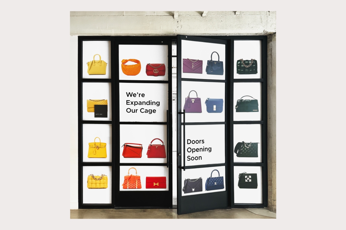 an image of the LA Flagship front door ajar with "We're expanding our cage" and "doors opening soon" with several images of designer bags surrounding