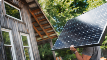 LichtBlick Fachpartner mit T-Shirt und silberfarbener Uhr trägt Solarmodul, im Hintergrund steht ein Holzhaus.