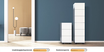 Wohnraum mit zwei weißen Solarbatterien RCT Power Battery vor blauer Wand mit drei und mit sechs Speichermodulen.