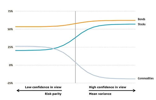 The degree of confidence in a market view affects the weighting of the investment categories