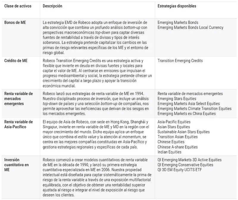 Tabla 1: Las estrategias de Robeco de ME abarcan la deuda soberana y corporativa, así como la renta variable.