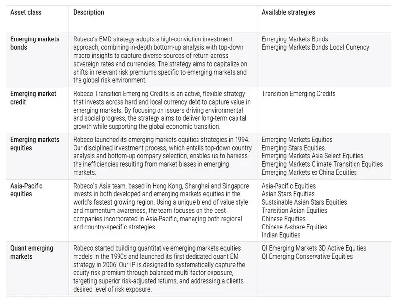 Table 1 - Robeco’s EM strategies span sovereign and corporate debt as well as equities