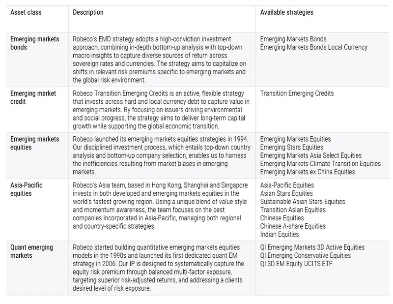 Table 1 - Robeco’s EM strategies span sovereign and corporate debt as well as equities