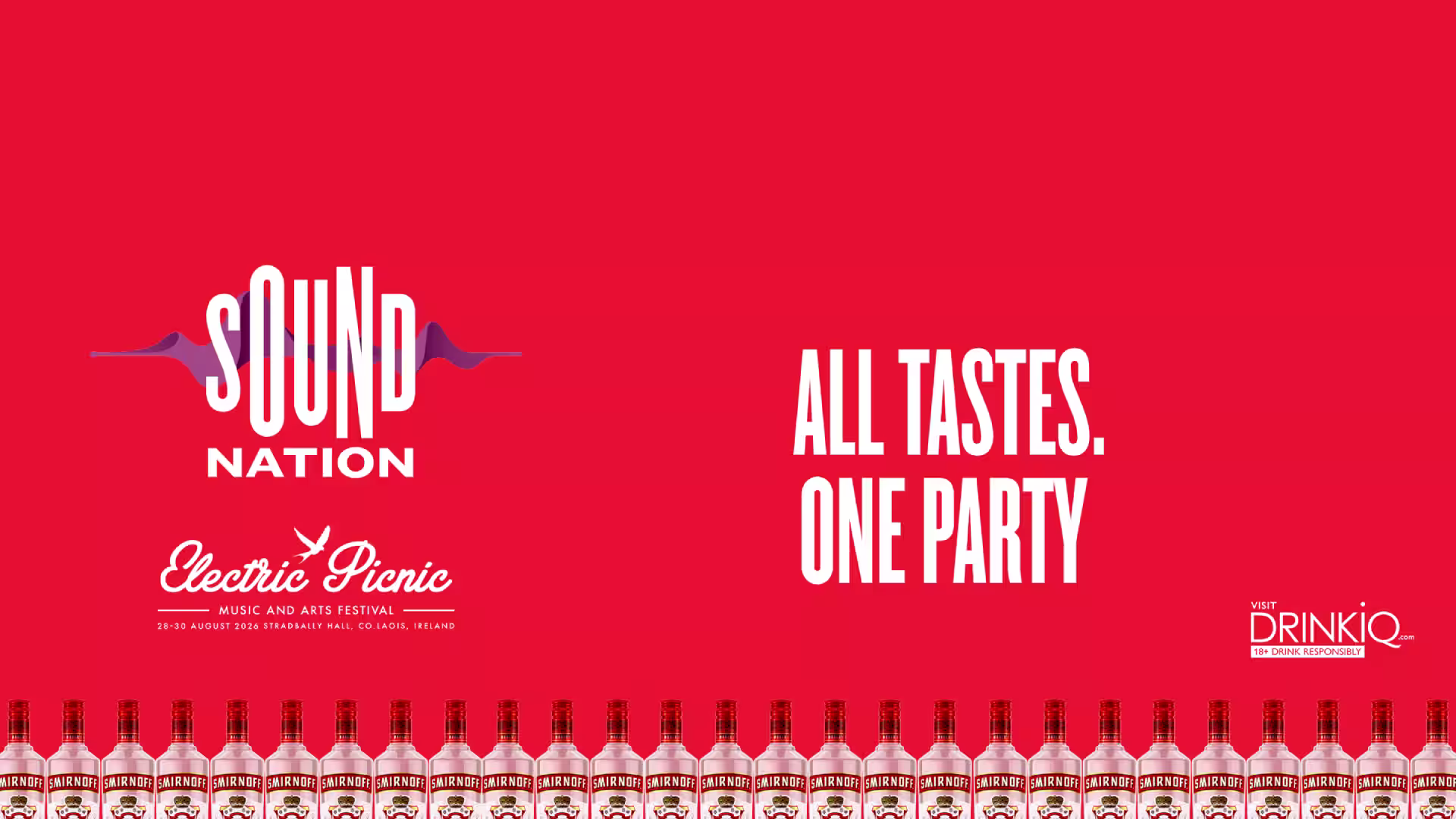 The logo of Sound Nation on a red background, with the text "All tastes. One Party" next to it.