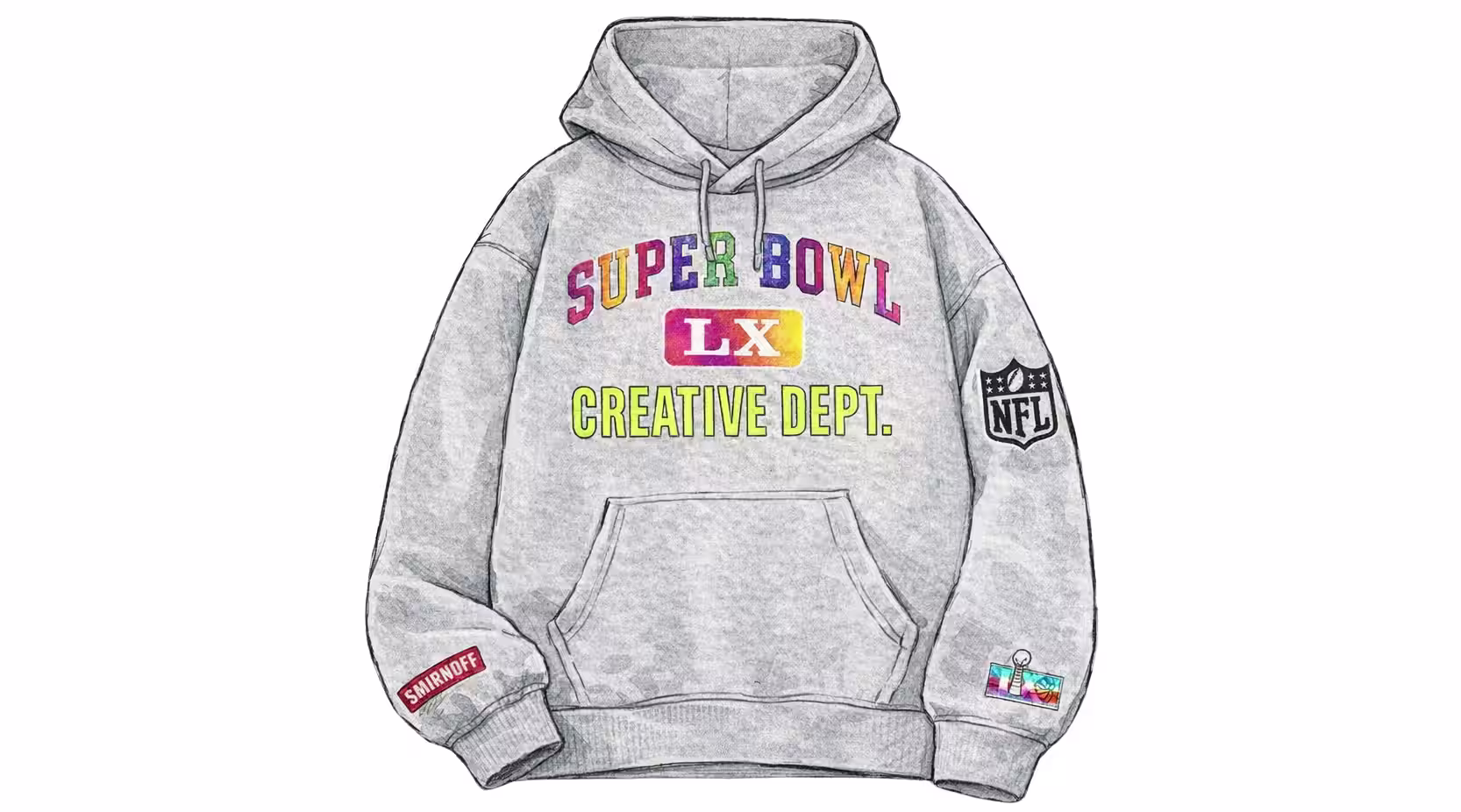 Gray hoodie with "SUPER BOWL LX CREATIVE DEPT." in colorful letters. NFL logo on the sleeve and Smirnoff patch on the cuff. Designed by Gavin Mathieu.
