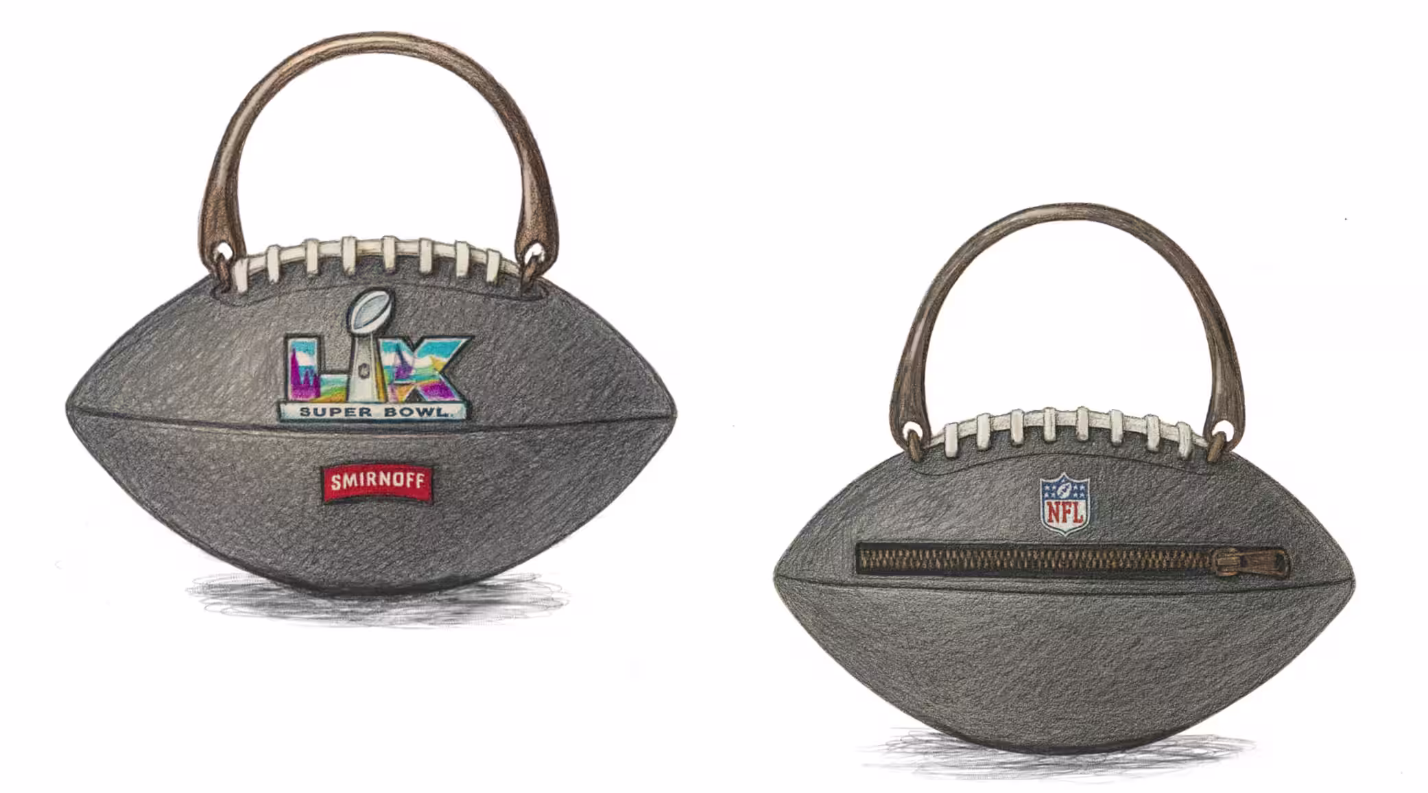 Football-shaped handbags with handles, featuring Super Bowl LIX and Smirnoff logos on one side, and NFL logo with a zipper on the other, designed by Kayla Jones for "We Do Game Days."