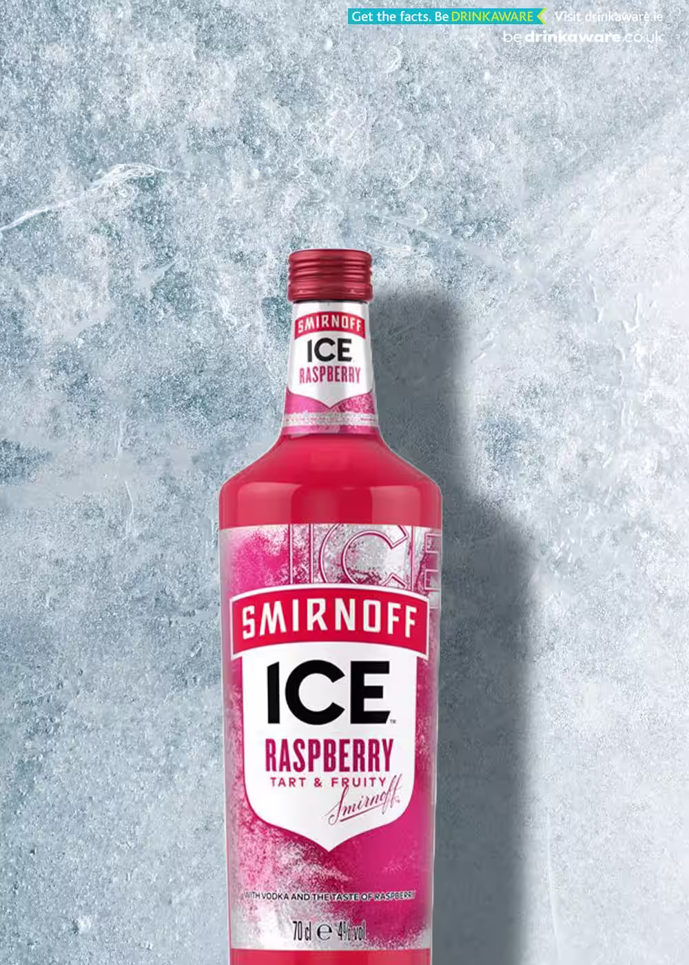 Smirnoff Ice Raspberry bottle on a Icy Background