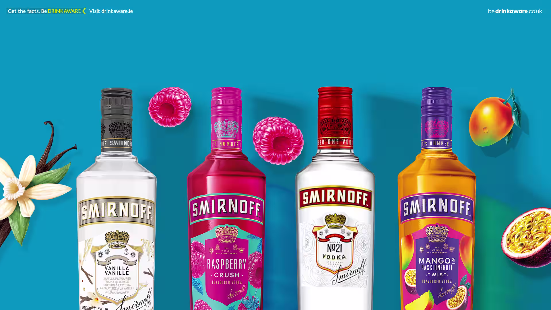Image showcasing four Smirnoff vodka bottles against a vibrant blue background.