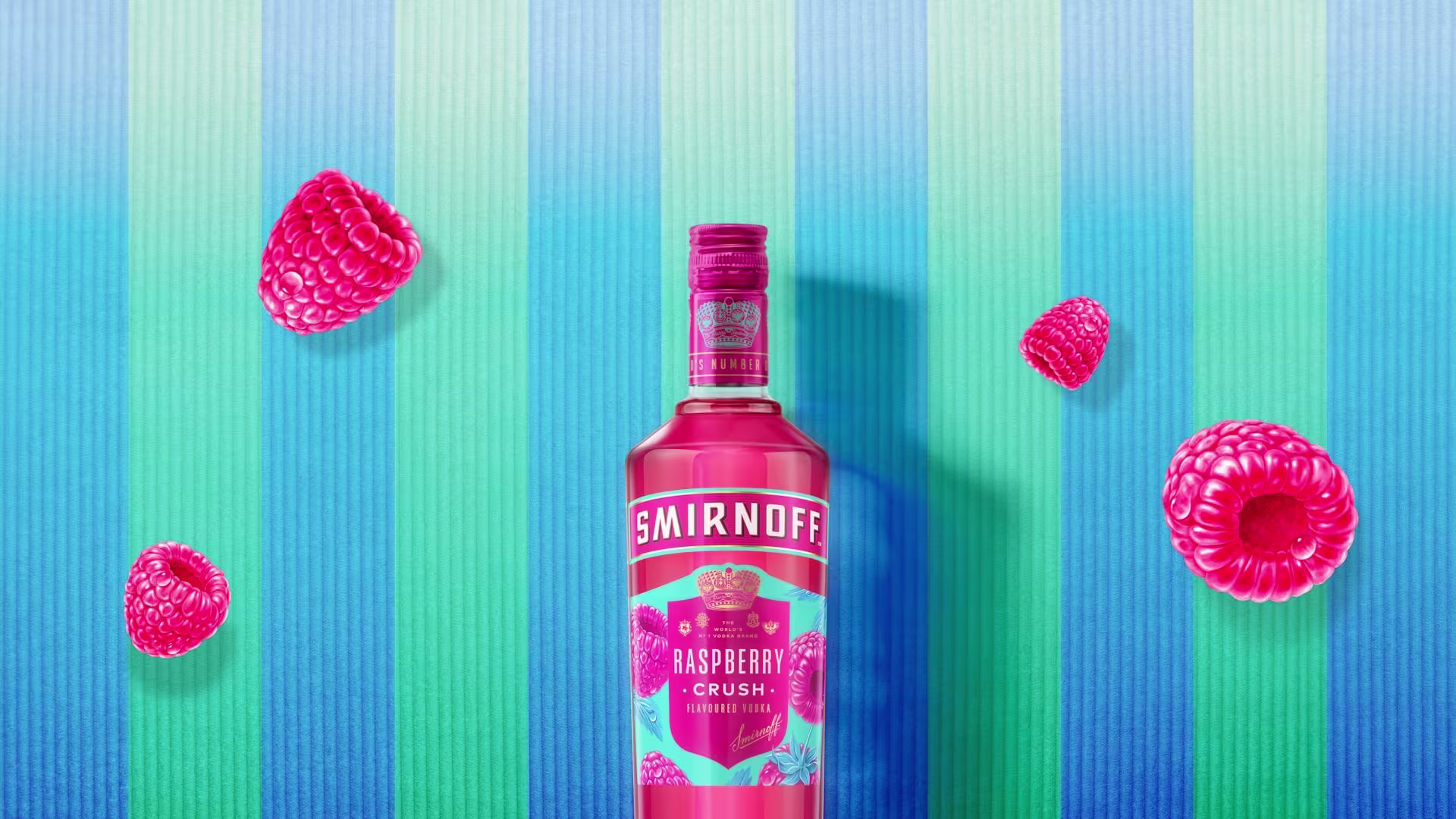 Smirnoff Raspberry Crush Vodka on a striped background