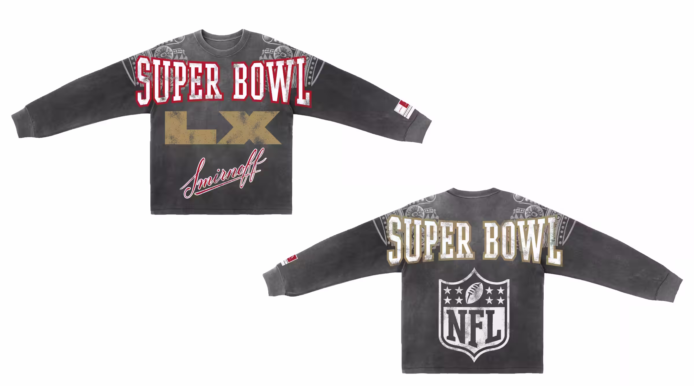 Gray sweatshirt with "SUPER BOWL LX Smirnoff" on the front and NFL logo on the back. Sleeve features a patch. Designed by Aleali May.