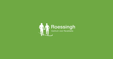 Het logo van Roessingh: twee witte outlines van personen op een groene achtergrond. 