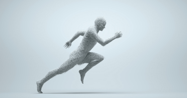 Een 3D gerenderd persoon die start aan de sprint. 