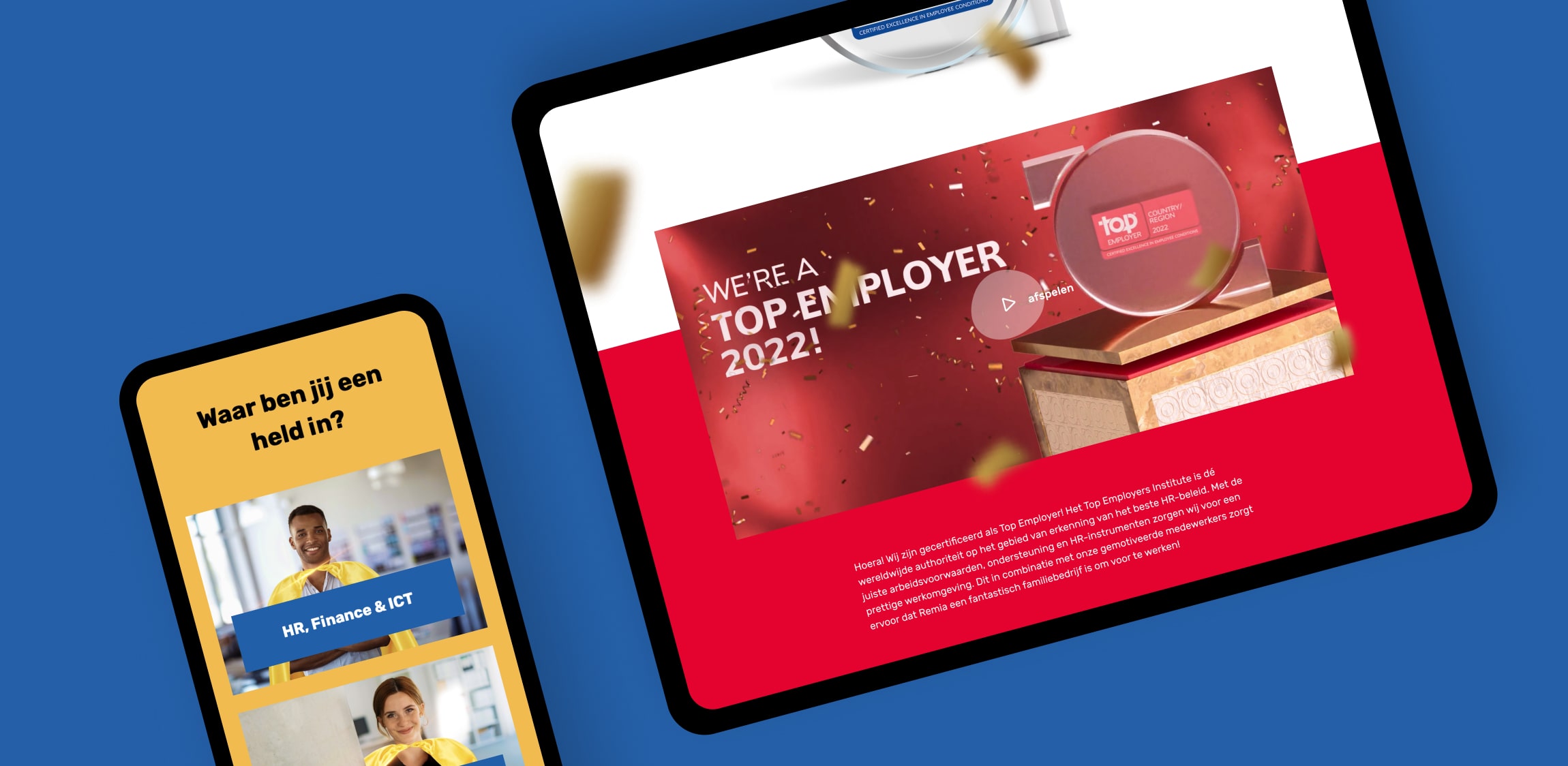 Twee pagina's van Remia geopend op een mobiel en een tablet. 