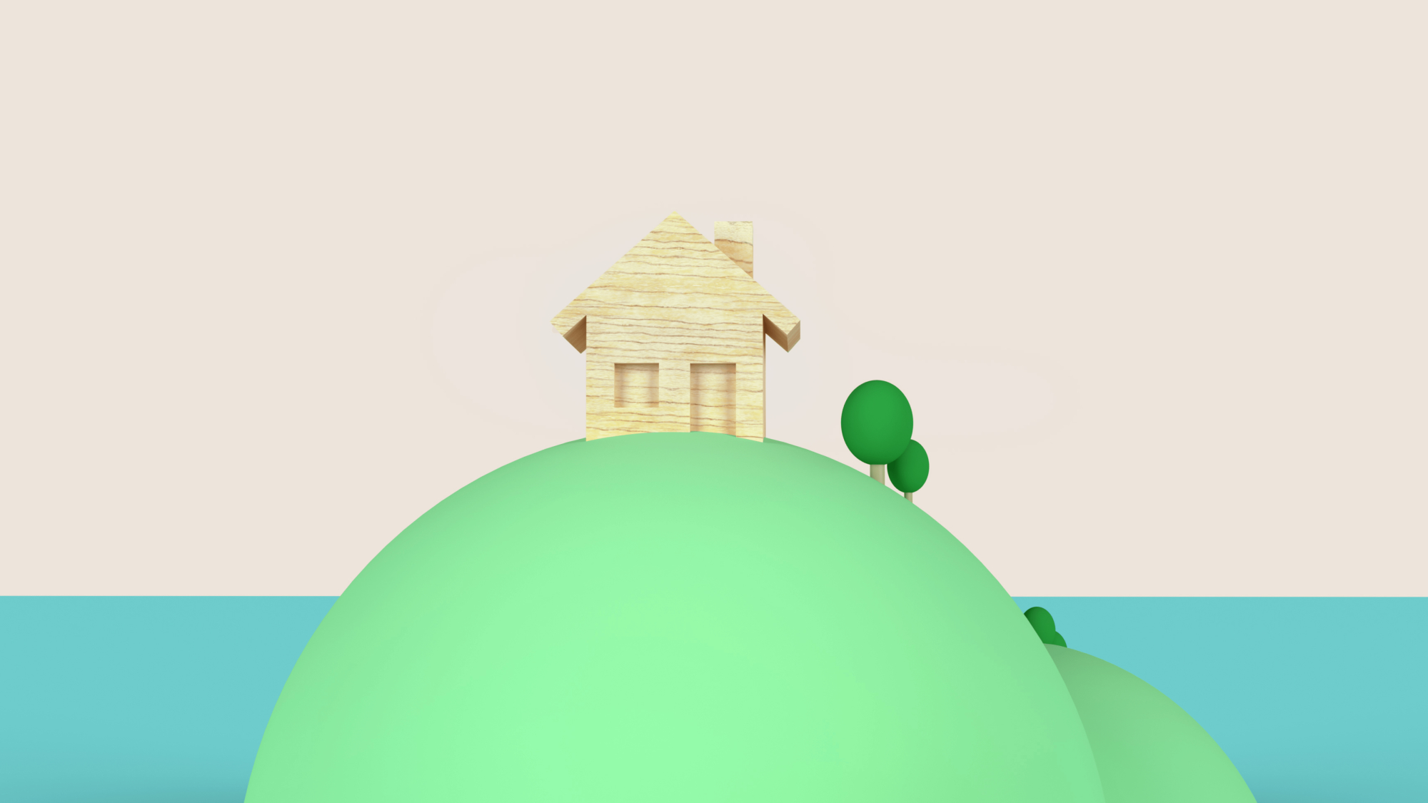 Twee groene bollen met daarop een houten huis en een paar bomen. 
