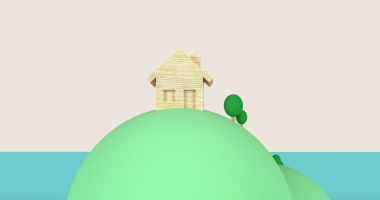 Twee groene bollen met daarop een houten huis en een paar bomen. 