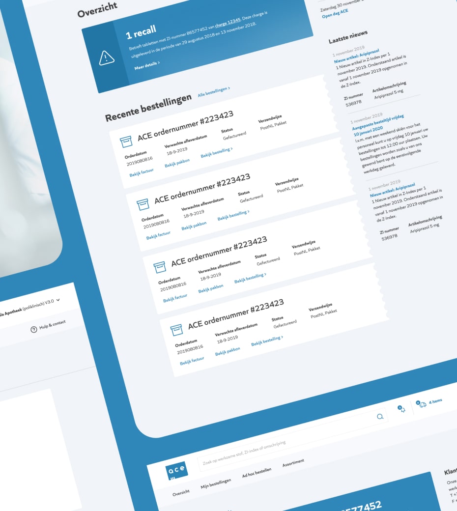 Een pagina van de Ace website staat open op een witte laptop en staat op een blauwe achtergrond 